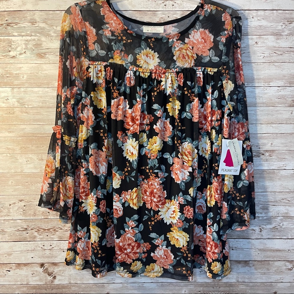 Brand New Black Floral Peasant Top